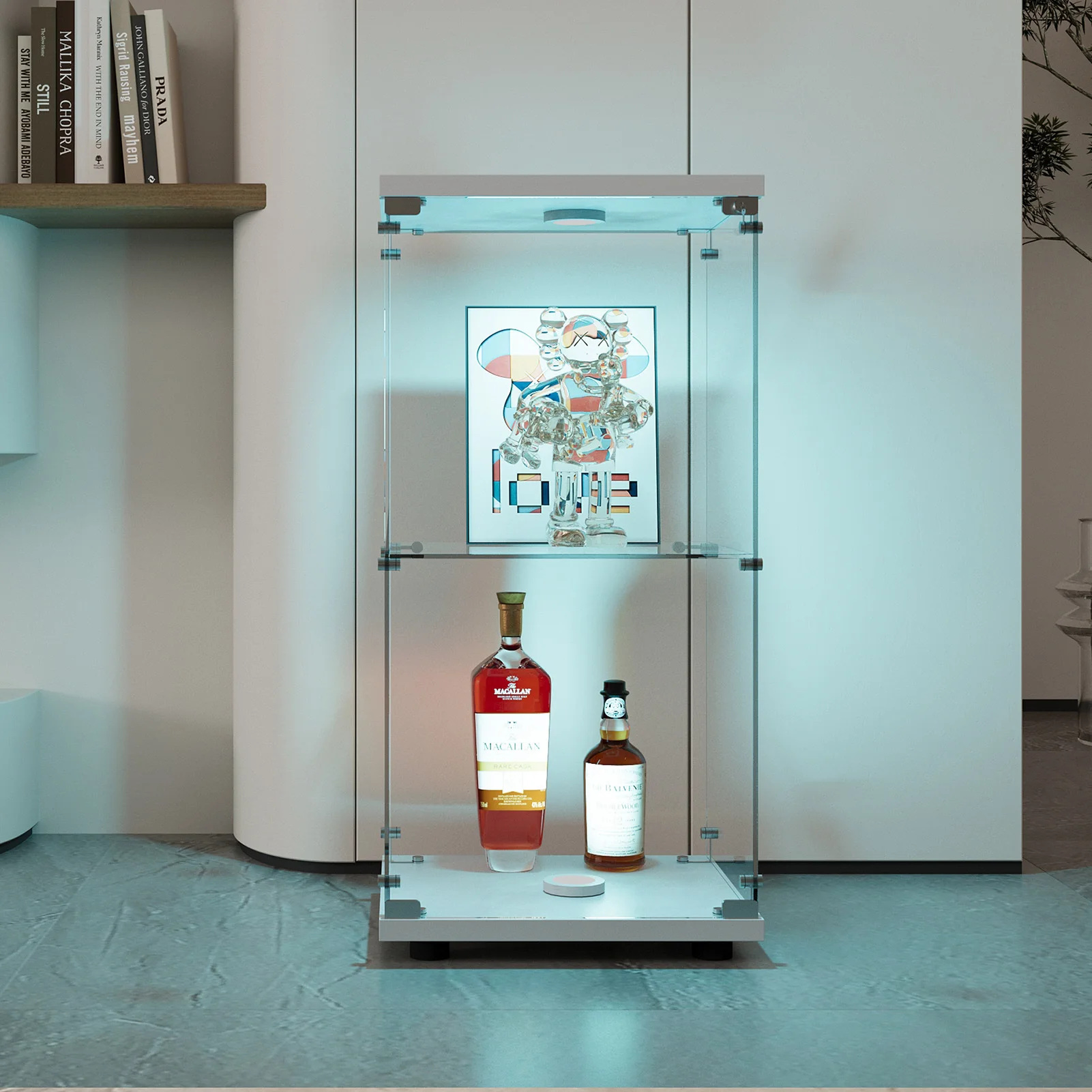 Anajqaqia LED-Glasvitrine, Einzeltür, 2 Ebenen, Stehende Sammlervitrine für Wohnzimmer, Bar, Schlafzimmer, Weiß Image
