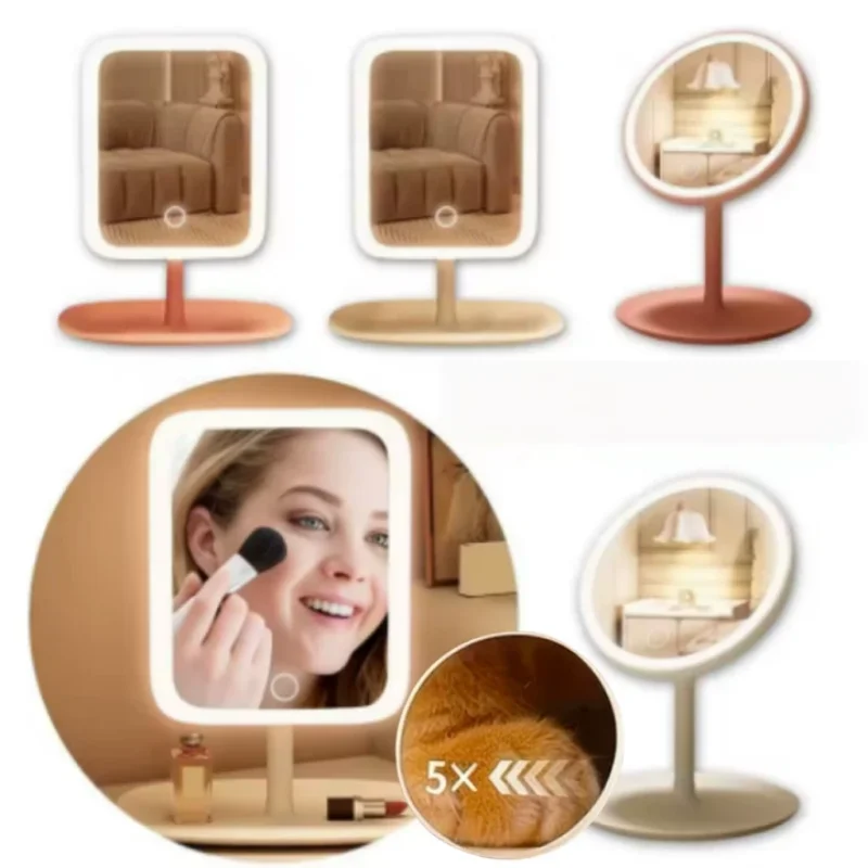 Verstellbarer LED-Schminkspiegel mit 3 Farblichtern, USB-wiederaufladbar, Helligkeits-Kosmetikspiegel 270 ° Drehbarer Schreibtisch-Schminkspiegel Image
