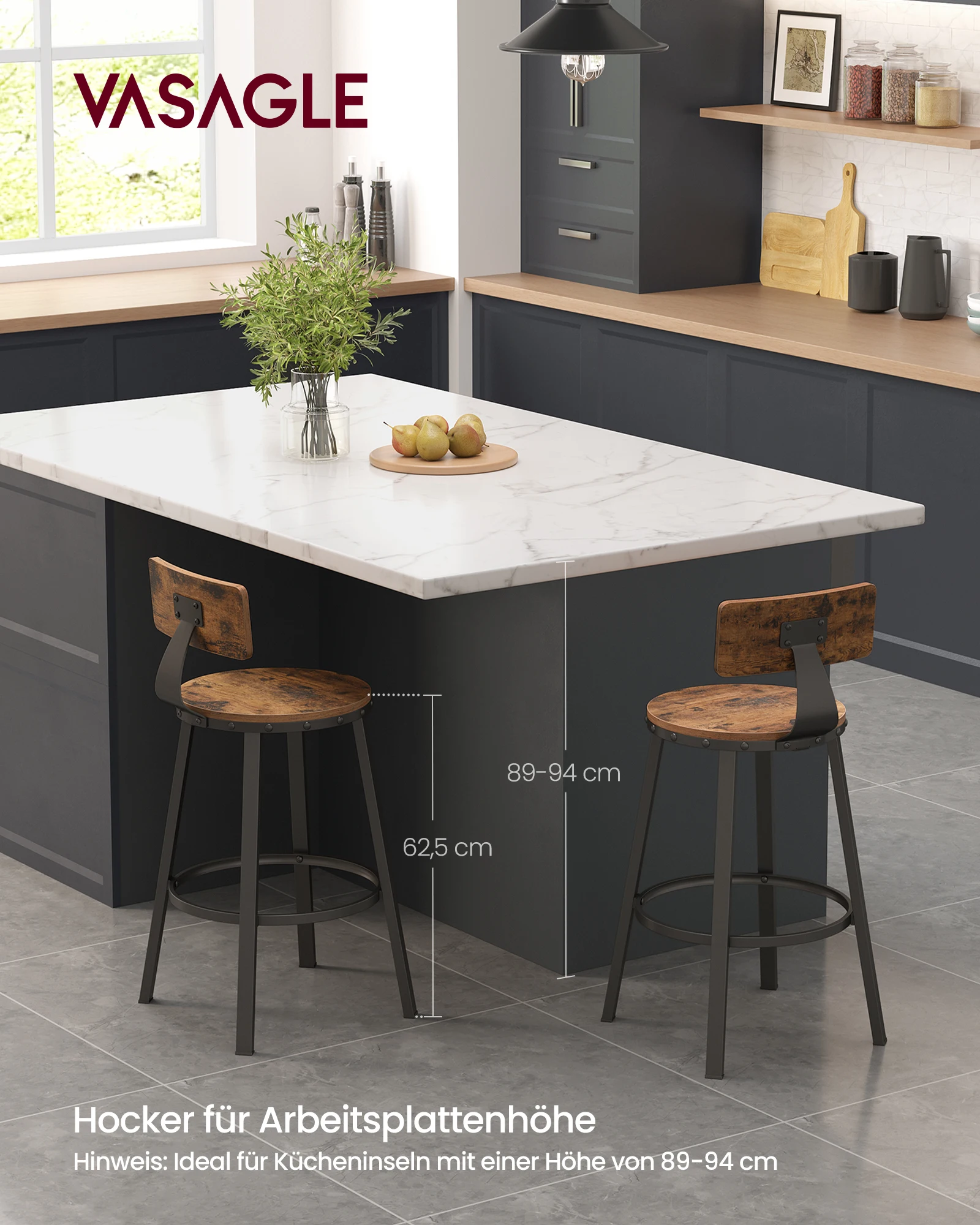 VASAGLE Barstühle, Barhocker 2er Set, 2 Küchenstühle, mit Metallgestell, 62,5 cm hoch, Industrie-Design, braun-schwarz