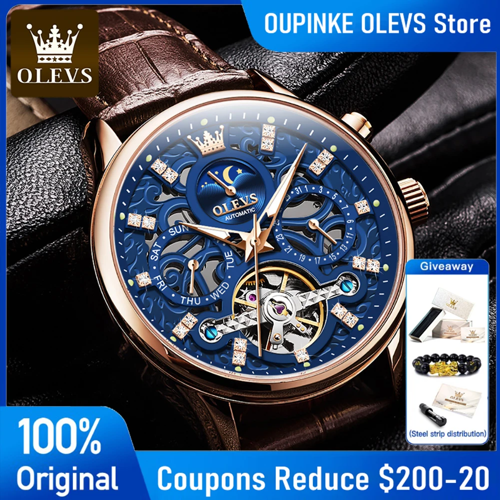 OLEVS 6658 Herrenuhr Original Skeleton Multifunktionale Chronograph Mechanische Uhr Lederband Uhren Für Mann Geschenke Reloj Image