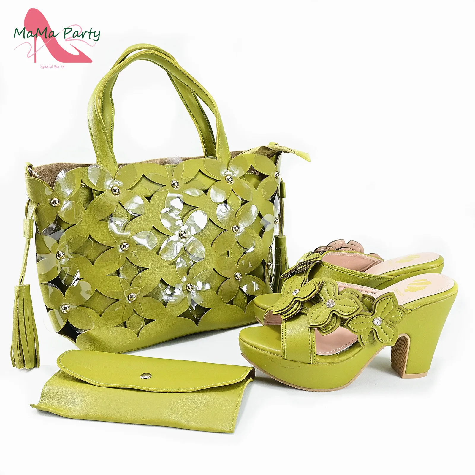 2025, hochwertige neue Design-Schuhe und Tasche in zitronengrüner Farbe, besondere afrikanische Damen-Keilabsätze für die Hochzeitsfeier Image