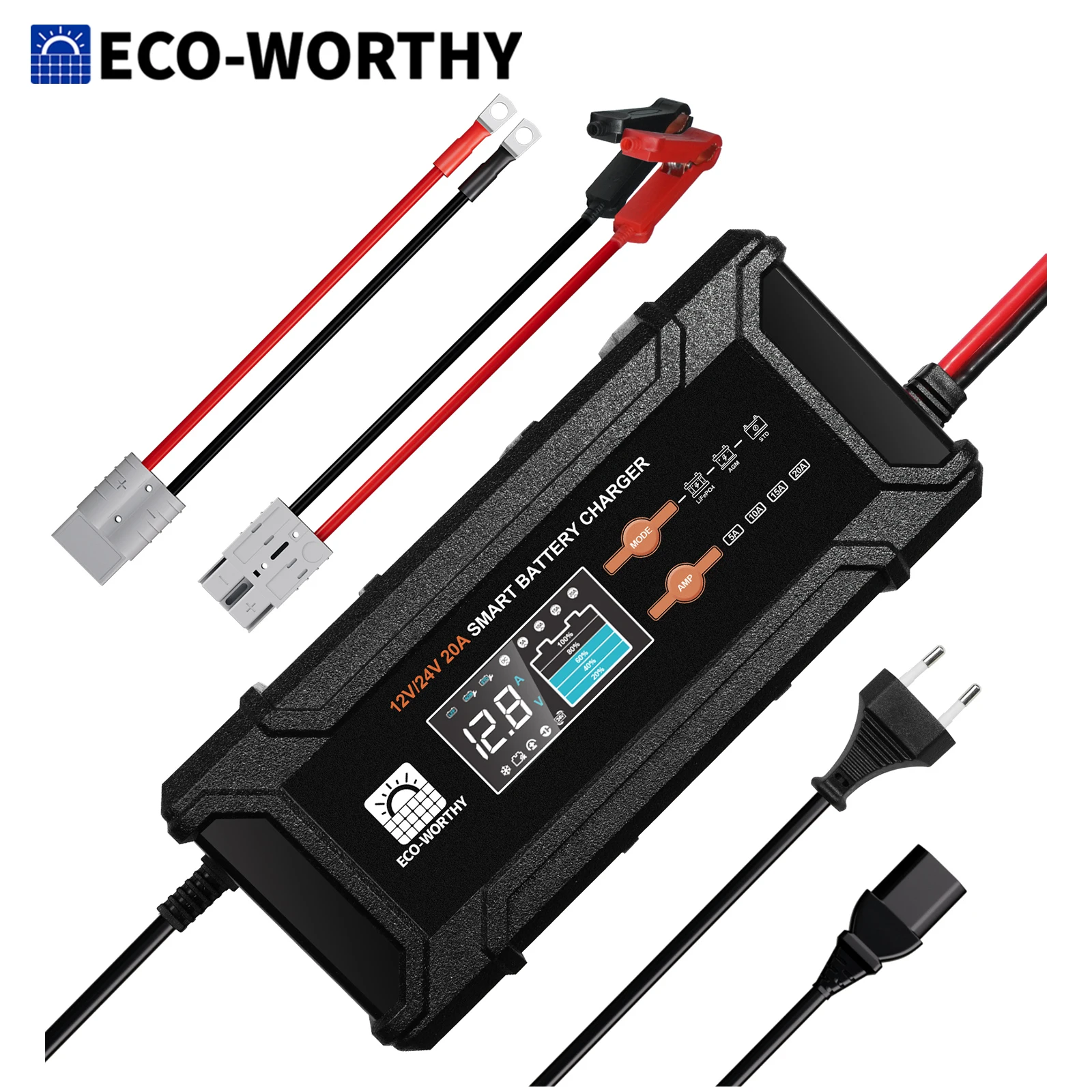 ECO-WORTHY 12V/24V 20A LiFePO4 Batterieladegerät mit Multi-Current Optionen 5A/10A/15A/20A, automatische LiFePO4 für Auto LKW Image