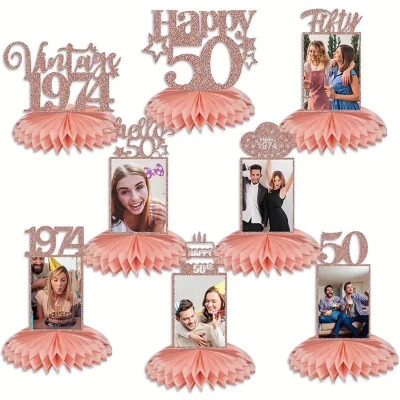 8 Stück Happy 50th Birthday Dekorationen Waben-Mittelstück Rosa Rose Golden Sweet 50. Geburtstag Partyzubehör Photobooth Requisiten Image