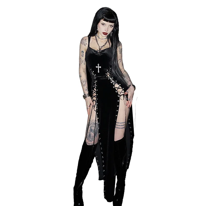 2023 neue Vintage Dark Punk Grunge Hohe Split Saum Straps Streetwear Kleid Y2k Gothic frauen Sexy Mais Verband unregelmäßige Kleider