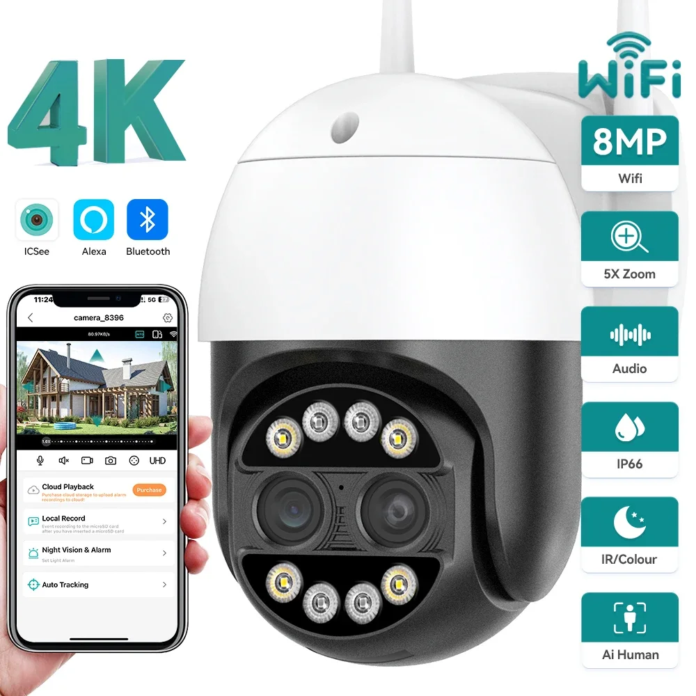 8MP PTZ WIFI Kamera Dual-Objektiv 8XDigital Zoom Zwei-Wege Audio Wasserdichte Outdoor 4MP ICSEE ONVIF Überwachung Drahtlose IP Kamera Image