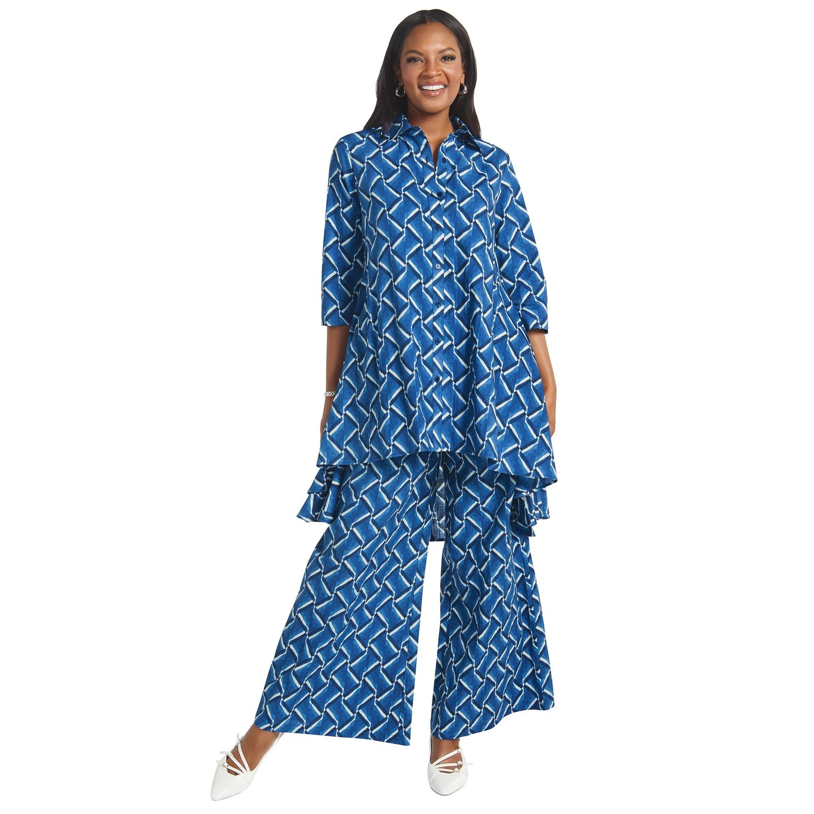 Masseys Flowy Shirt Pant Set (Size 4X) Blue/White/Lattice, Cotton