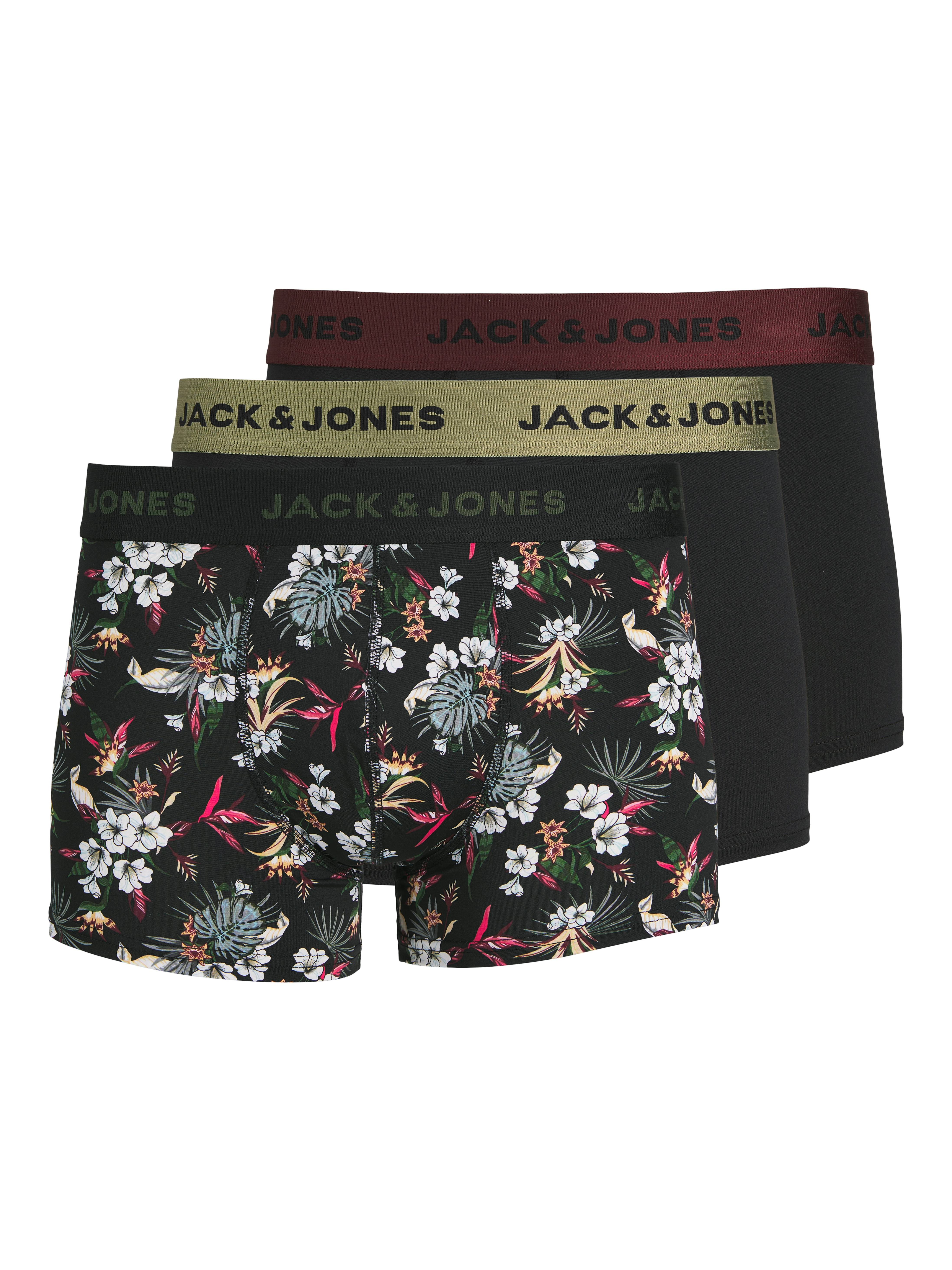 Trunk JACK & JONES "JACFLOWER aus Microfaserqualität und schnelltrocknendem Material" Gr. S, bunt (flowers, bedruckt, schwarz, helloliv, schwarz, bordeaux), Unterhosen, Herren, S, 3 Stk., Microfaser, Obermaterial: 90% Polyester, 10% Elasthan,...