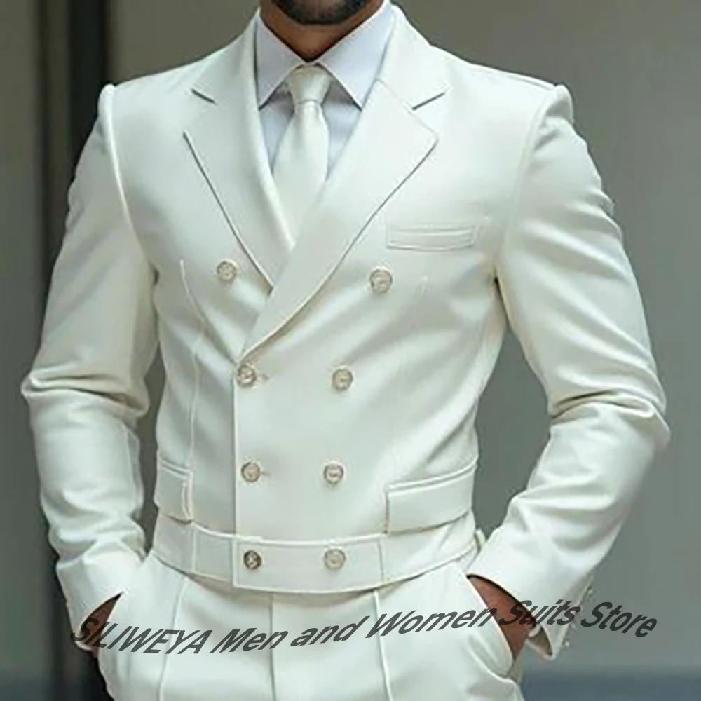 Abiti bianchi da uomo eleganti Set da 2 pezzi Doppio petto Risvolto con risvolto Giacca corta slim fit Pantaloni da giacca per eventi di moda e matrimoni