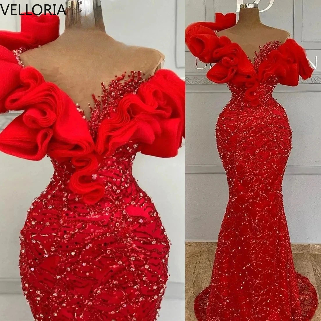 Formal Red Mermaid Evening Gowns Beaded Prom Dresses Ruffled Off-Shoulder Sleeves Sexy Dress Women Pageant Gown Customized