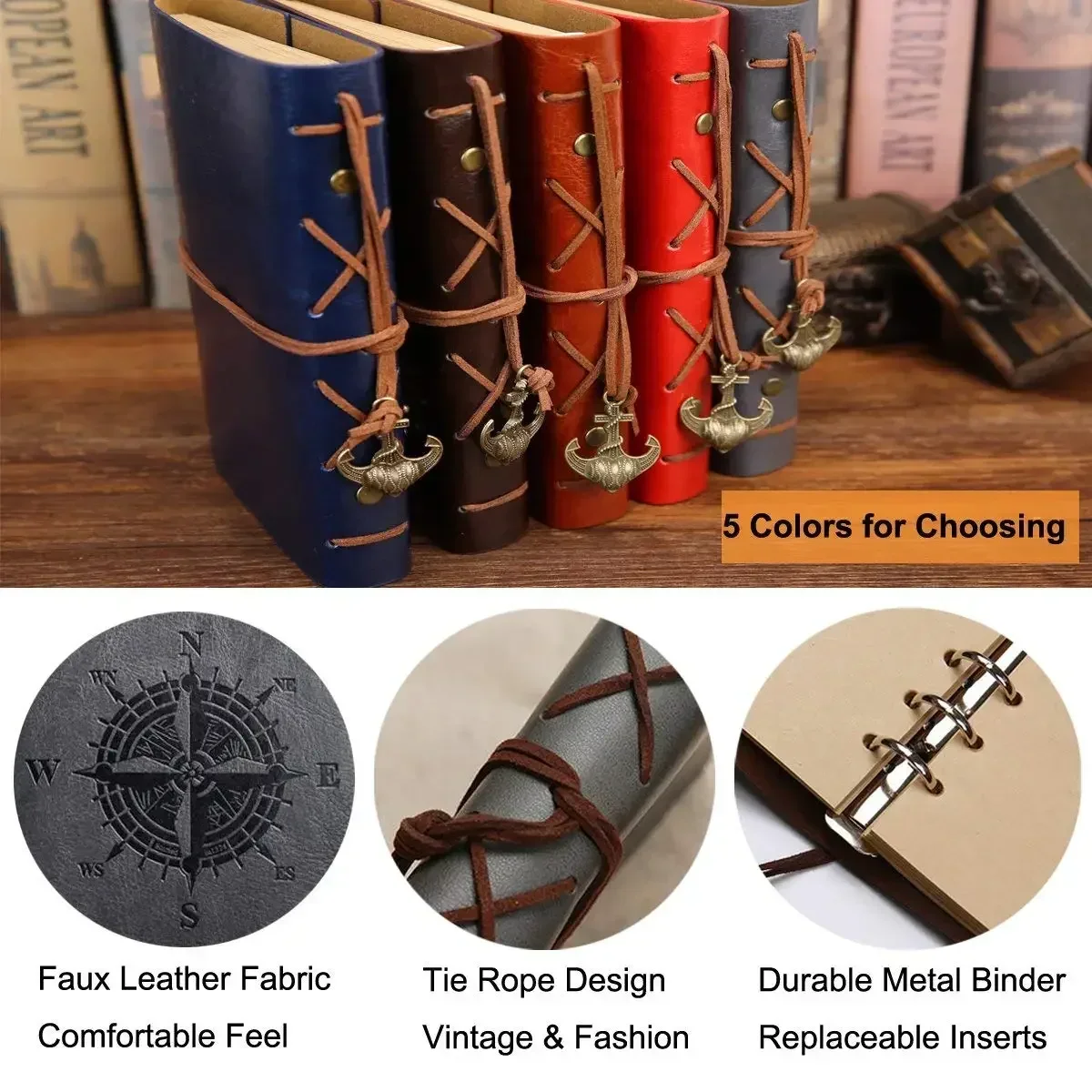 Retro-Notizbücher und Tagebücher, Agenda-Ordner, Skizzenbuch, Leder, weicher Einband, 14 x 10 cm, A7, austauschbares Kraftpapier innen Image