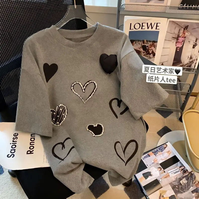 Sommer Baumwolle T Shirt Frauen Neue Die Herz Intarsien Diamant Designer Luxus Kleidung Kurzarm Übergroßen Tops Grafik T Shirts Image