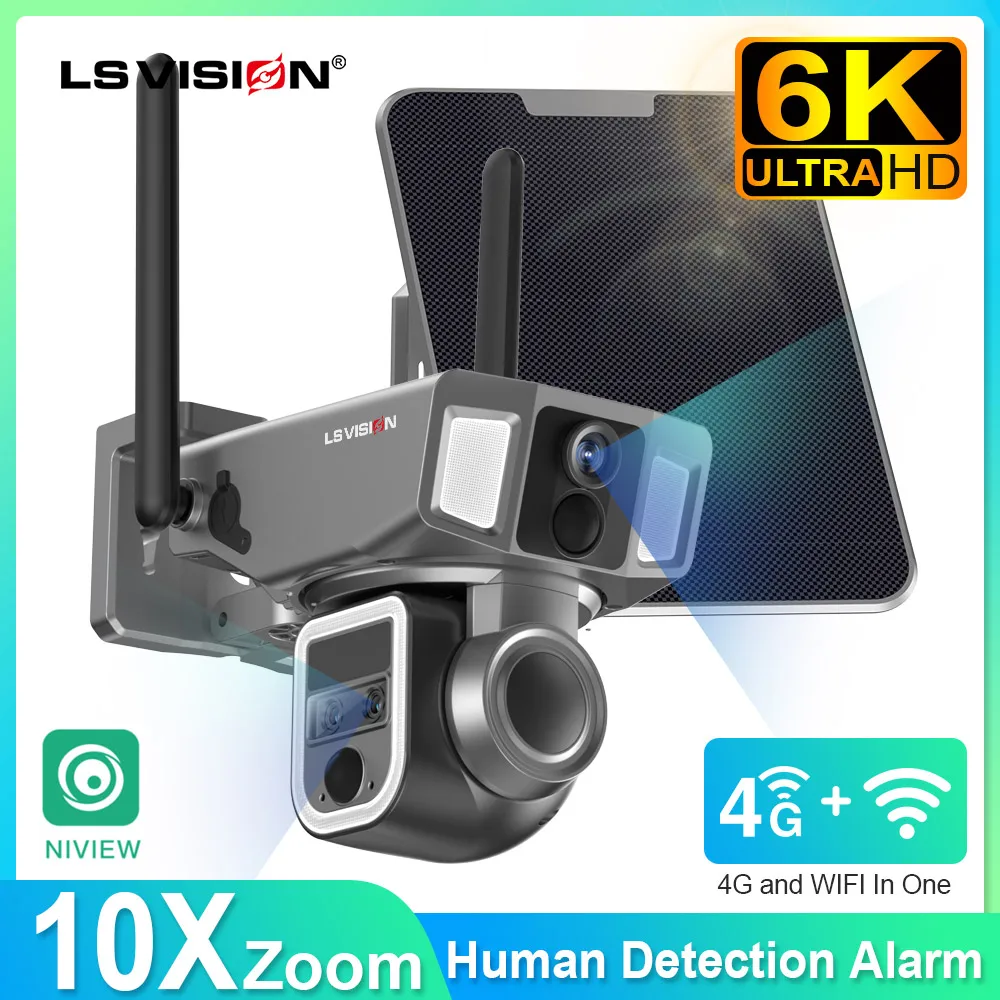 LS VISION 4G & WLAN-In-1-Solarkamera für den Außenbereich, 12 MP, 6K, 10-facher Zoom, Dual-Screen, PIR-Erkennung, automatische Verfolgung, CCTV-Überwachungskameras Image