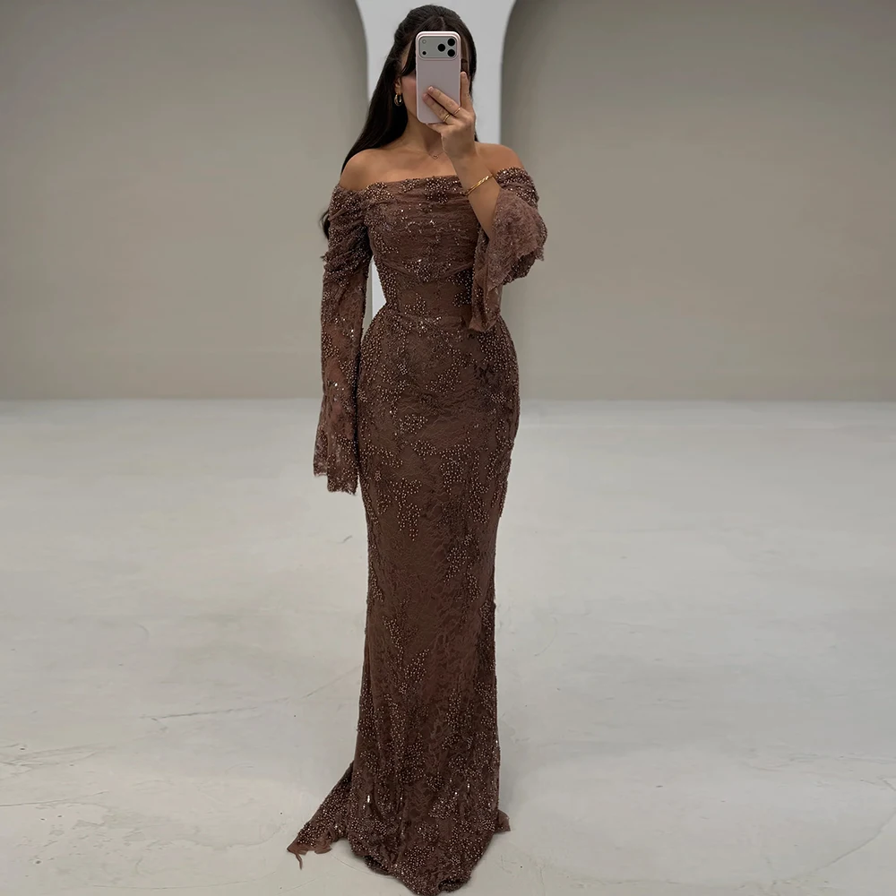 Elegantes Meerjungfrauen-Abendkleid mit U-Boot-Ausschnitt, maßgeschneidert, exquisit mit Pailletten und Perlen verziert, Vestido De Festa, hochwertiges Spitzen-Ballkleid Image