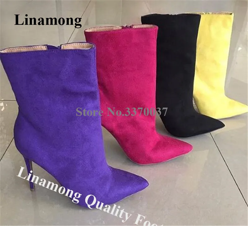 Linamong Kurze Stiefel im klassischen Stil mit spitzem Zehenbereich und Stiletto-Absatz, blau, gelb, rosa, Wildleder, hoher Absatz, Ankle Booties, Kleidabsatz
