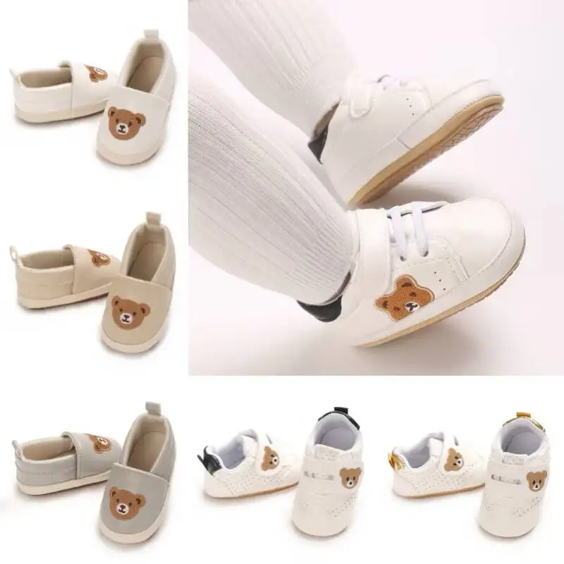 Frühlings- und Herbst-Babyschuhe mit niedlichem Bärenmuster, Lauflernschuhe für 0–12 Monate, rutschfeste Lauflernschuhe mit weicher Sohle