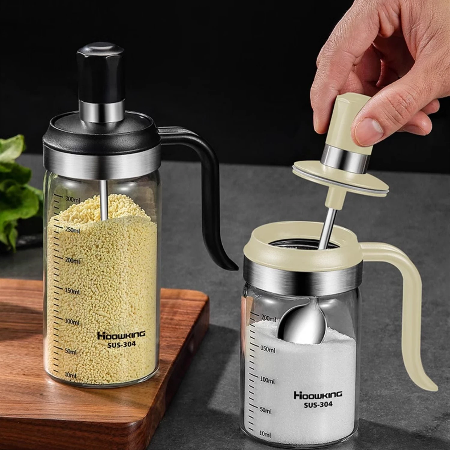 Salzstreuer, Pfeffer-Gewürzflasche, 200/300 ml, Glas-Gewürzglas mit Griff und Löffel, feuchtigkeitsbeständig, auslaufsicher, für die Gewürzaufbewahrung Image