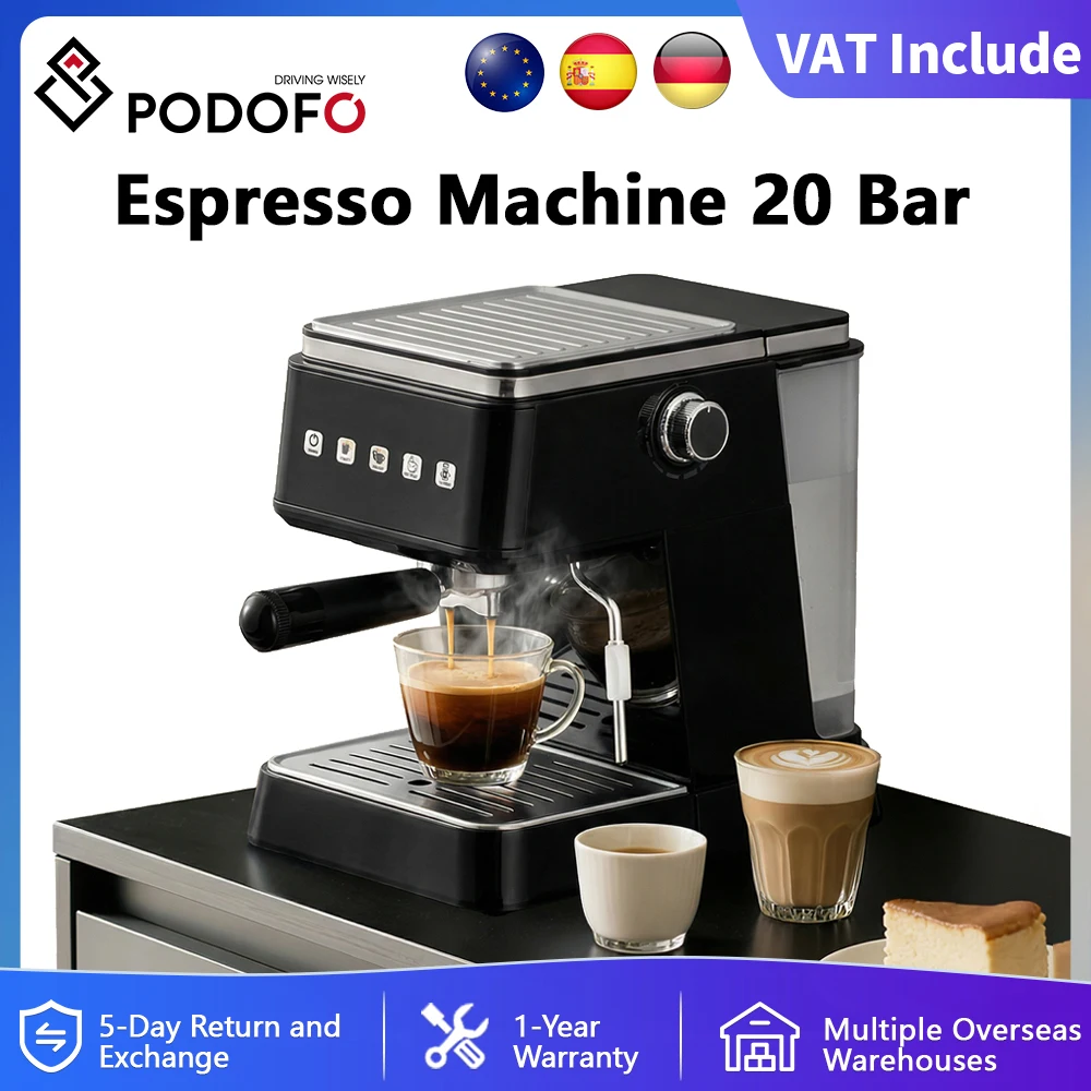 Podofo 20 Bar Espressomaschine 1350W/850W Espresso-Kaffeemaschine Milchaufschäumer Halbautomatische Cappuccino-Maschine für Zuhause und Büro Image