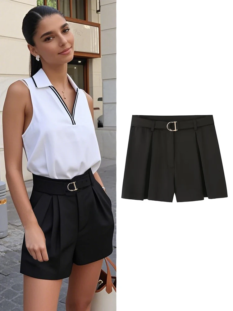 HXAO Frau Shorts Plissee Casual Gürtel Hohe Taille Shorts Sommer Elegante Schwarz Sexy Damen Mode Breite Shorts Image