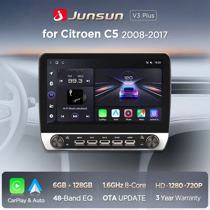 Junsun 10,1" Wireless Carplay Android Auto Autoradio für Citroen C5 2008 2009-2017 Stereo mit Tasten Bluetooth GPS Navi 4G DSP Image