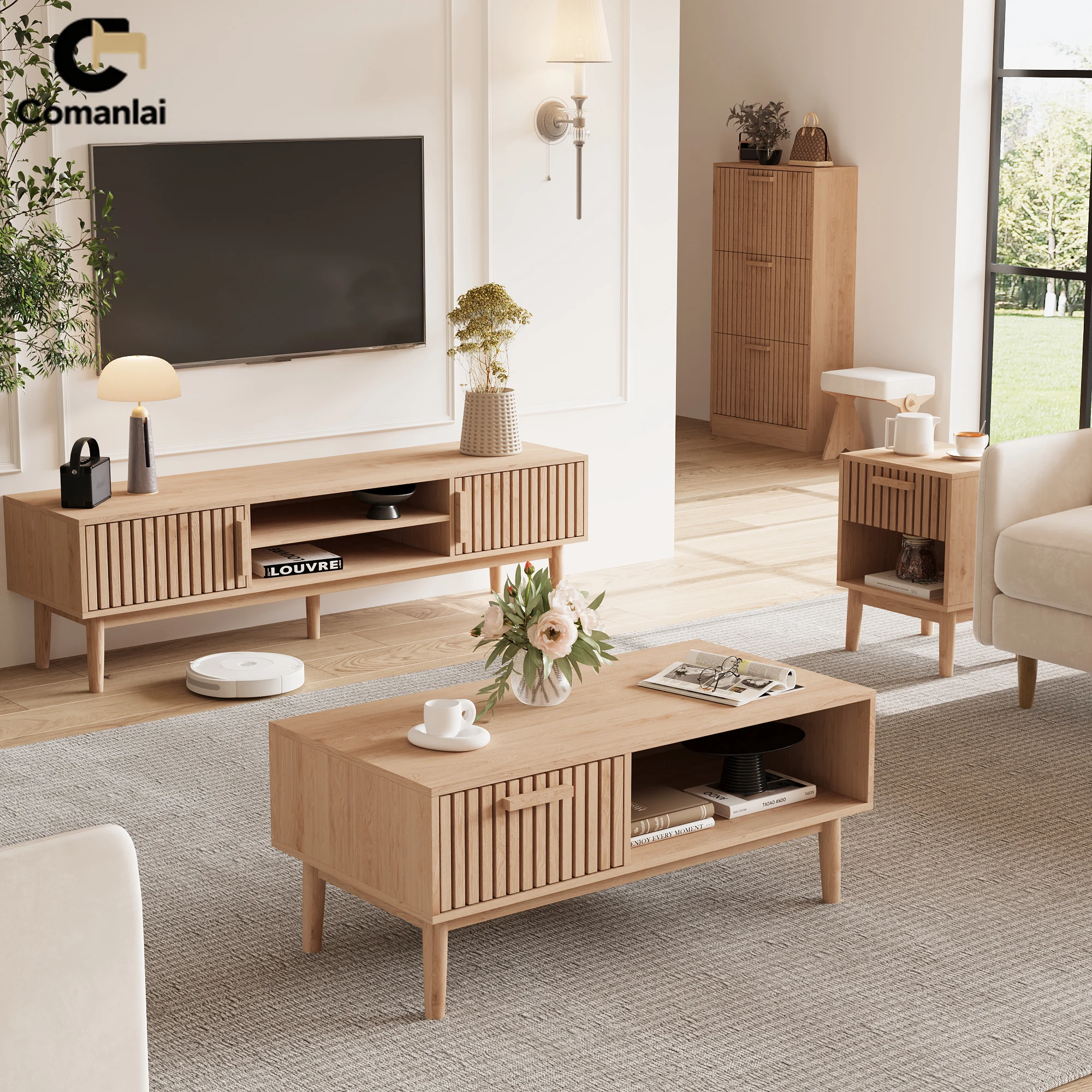 Comanlai Holzmöbel-Set Couchtisch 2-Türiger TV-Schrank Schuhschrank Eingangsbereich-Tisch 2 Stück Nachttisch Aufbewahrungsschränke Image