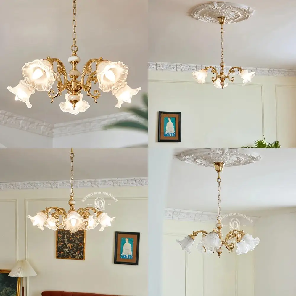 2025 Französische Glasblumen-Pendelleuchte, goldener Kronleuchter für Wohnzimmer, Schlafzimmer, Esszimmer, Arbeitszimmer, mediterraner Stil Image