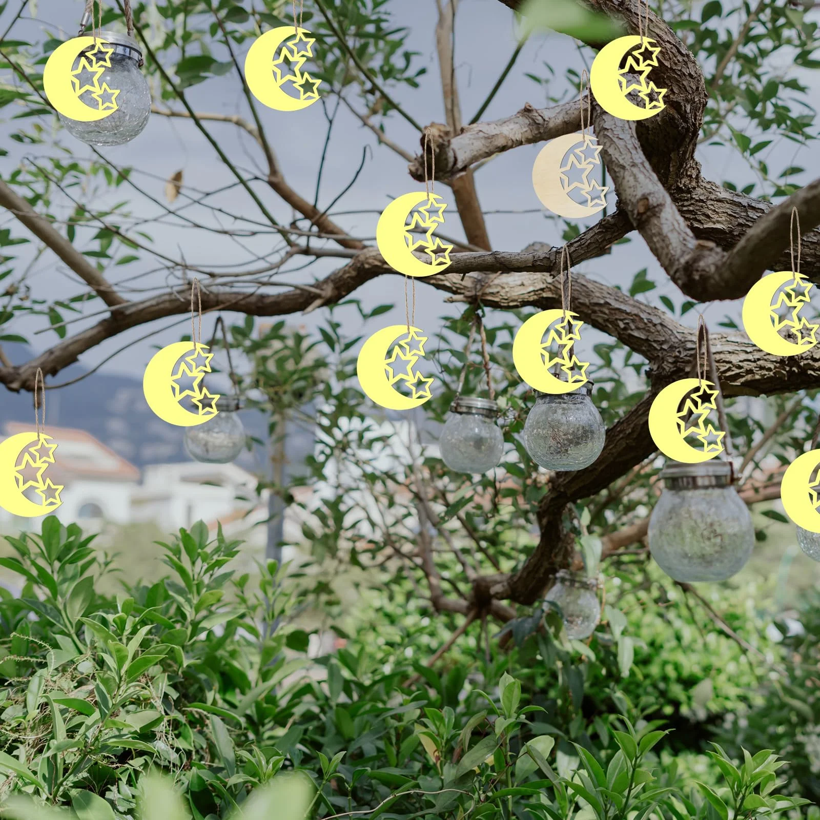 20/30 Stück hohle Holzmondsterne, Geschenkverpackungsetiketten aus Holz, DIY-Kunsthandwerk, Holzornamente für Hochzeit, Geburtstagsfeier Image