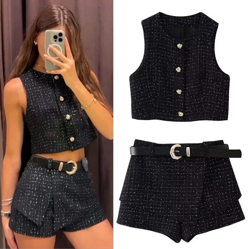 HXAO 2024 frauen Kurze Sets Mode Frau 2024 Tweed Weste Kurze Shorts Anzüge Elegante Weibliche Sets Kurze Sets Zwei Stücke set Image