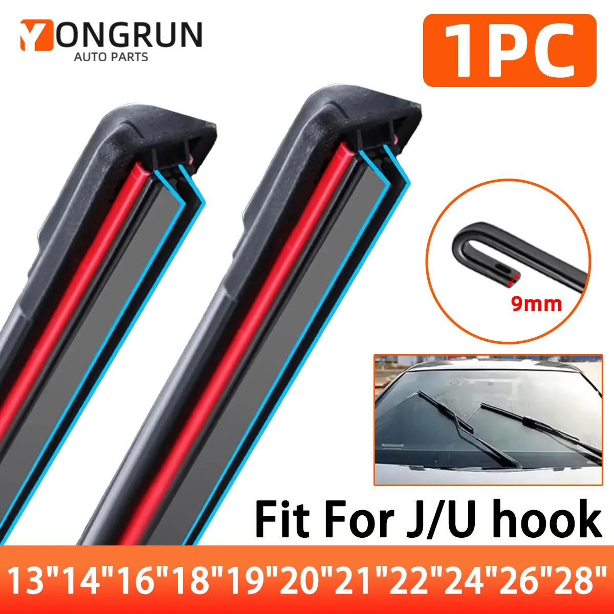 YONGRUN 1 Stück Universal-Scheibenwischerblatt 13"14"16"18"19"20"21"22"24"26"28" Auto-Windschutzscheibenwischer ohne Gestell mit Doppel-Gummistreifen Image