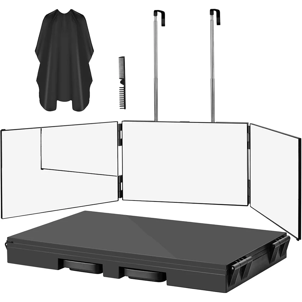 3-Wege-Spiegel zum Selbstschneiden der Haare, 360°-Haarschnitt-Spiegel für Herren, dreifach faltbarer Spiegel mit höhenverstellbaren Teleskophaken