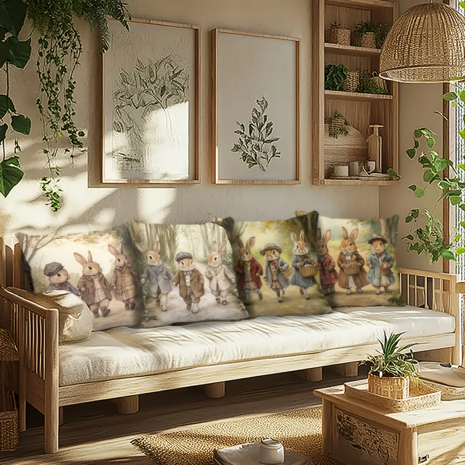 4 Stück Vintage-Kissenbezüge mit Hasenmuster, dekorative Kissenhüllen mit Ostermotiv für Sofa und Schlafzimmer, stilvolle Heimdekoration, ungefüllt Image