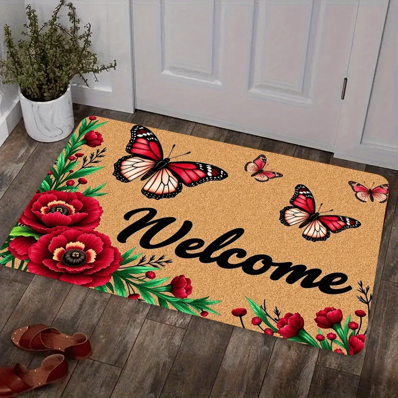 VIKAMA Fußmatte mit rotem Blumen- und Schmetterlingsmuster, angenehm weich und warm, geräuschreduzierend, für den Eingangsbereich, Flur, Badezimmer, Heimdekoration Image