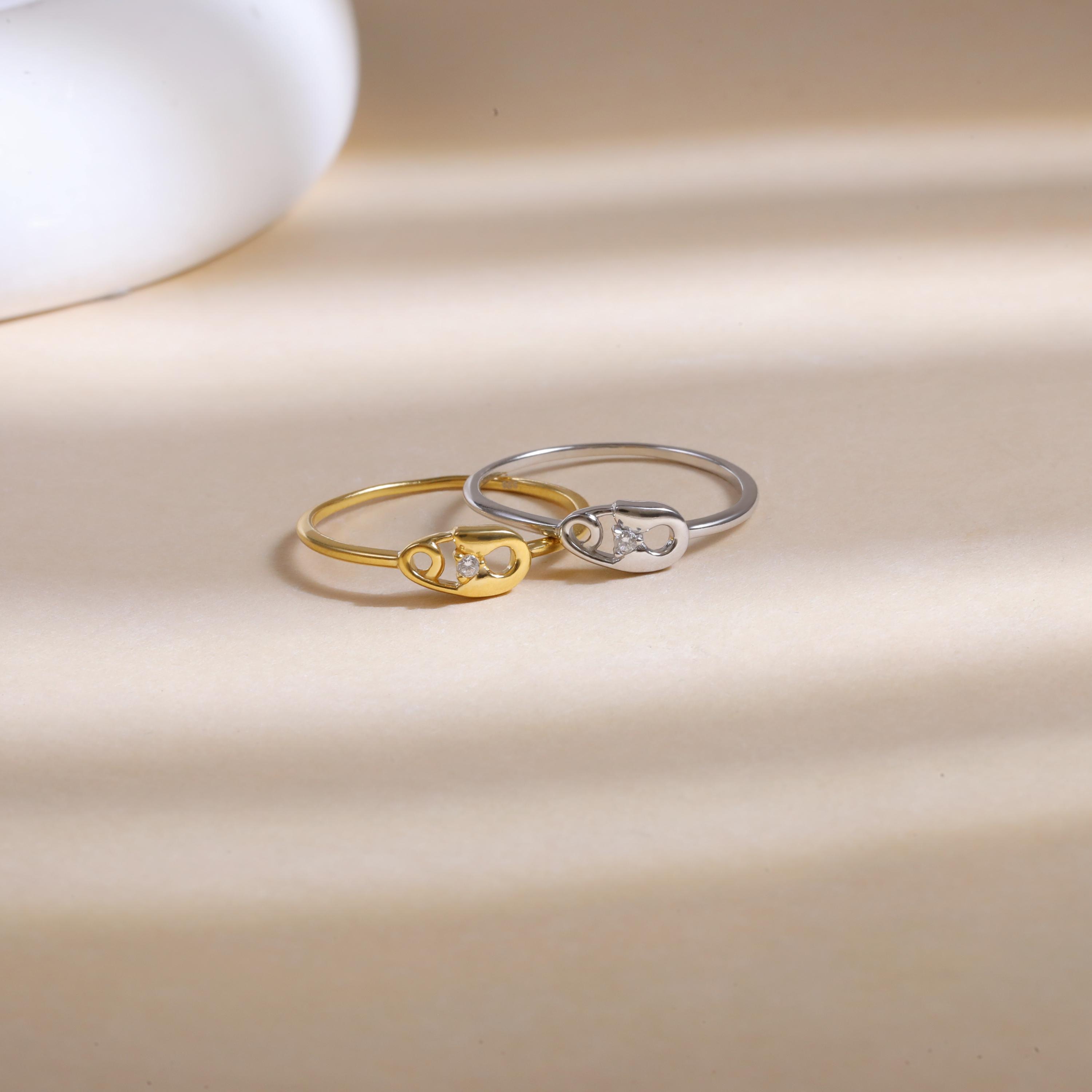 Spilla di sicurezza placcata in oro 14 carati con anello di diamanti, anello con zirconi cubici in argento sterling 925, anello con spilla delicata in