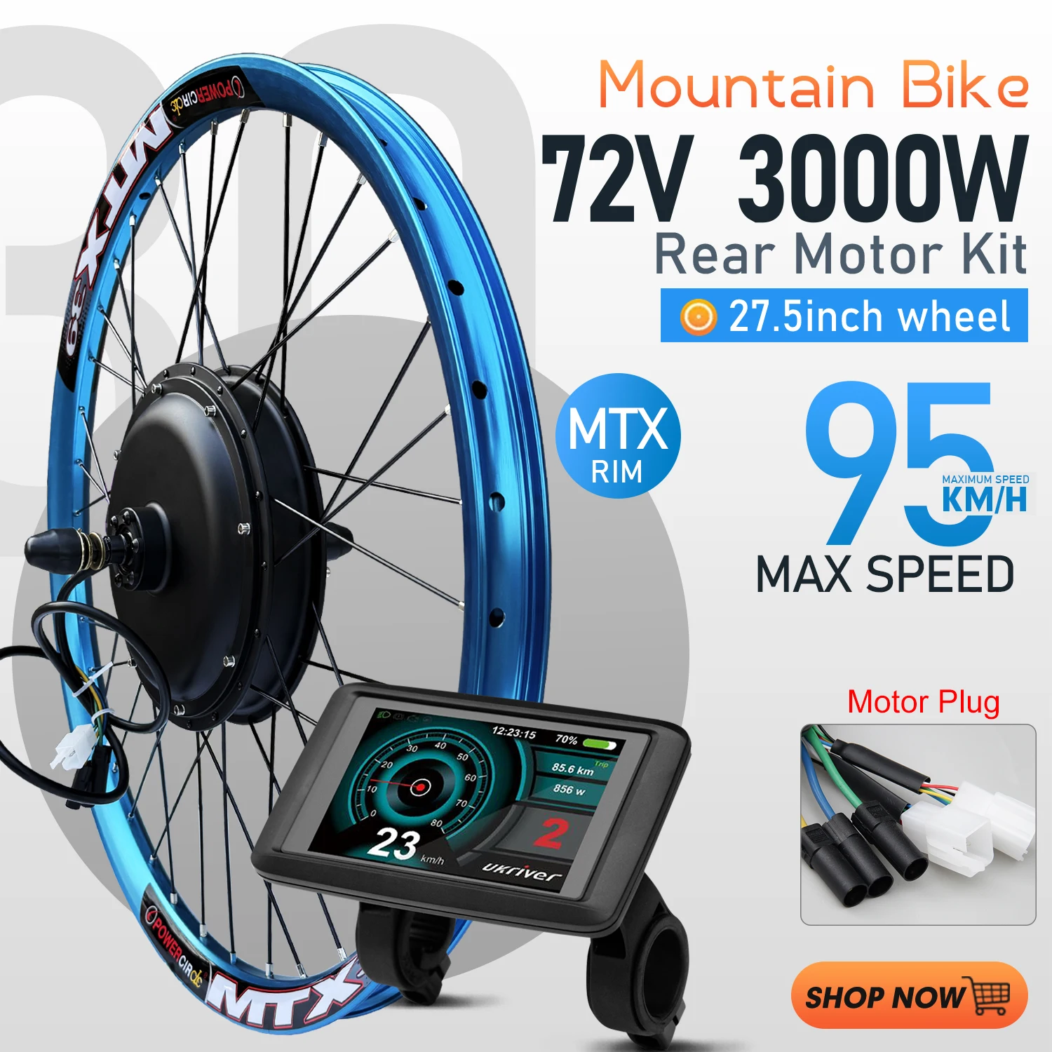 Kit di conversione per bici elettrica 72V 3000W con motore brushless per mozzo posteriore, ruota da 27,5 pollici, cerchio MTX, dropout 135mm, per kit motore mozzo e-bike