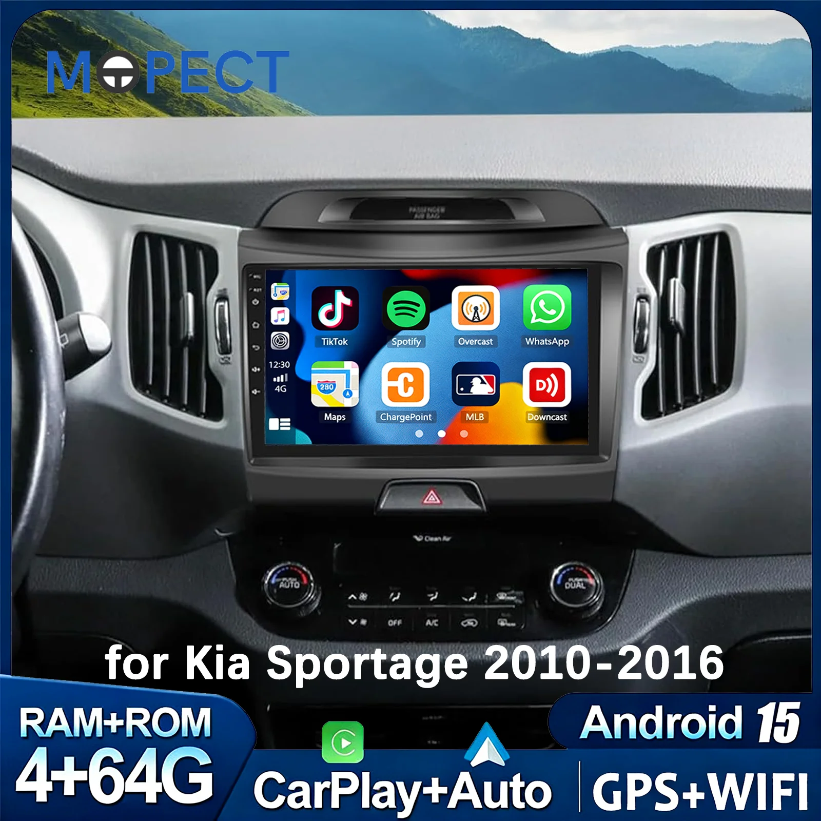MOPECT 9" per KIA Sportage 3 2010-2016, Autoradio Wireless con Carplay Android 15, Lettore Multimediale, GPS, Navigazione, Wifi, DAB+