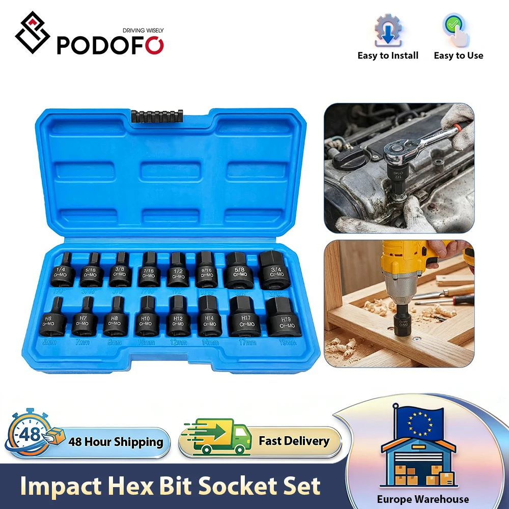 Podofo Set di 16 Pezzi Kit di Riparazione con Attacco da 3/8 Pollici, Set di Bussole Esagonali da 6MM-19MM per Riparazione e Manutenzione Automobilistica