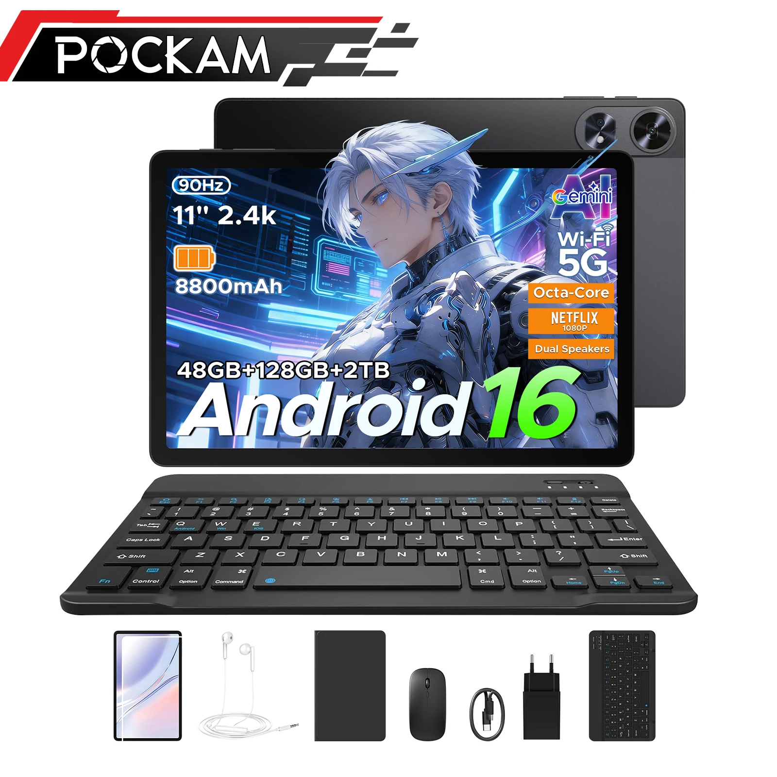 POCKAM P11 Pro Tablet PC Android 16 11" 2 in 1 con Gemini AI, 48GB RAM (8+40GB), 128GB ROM, Batteria 8800mAh, Supporto Widevine L1