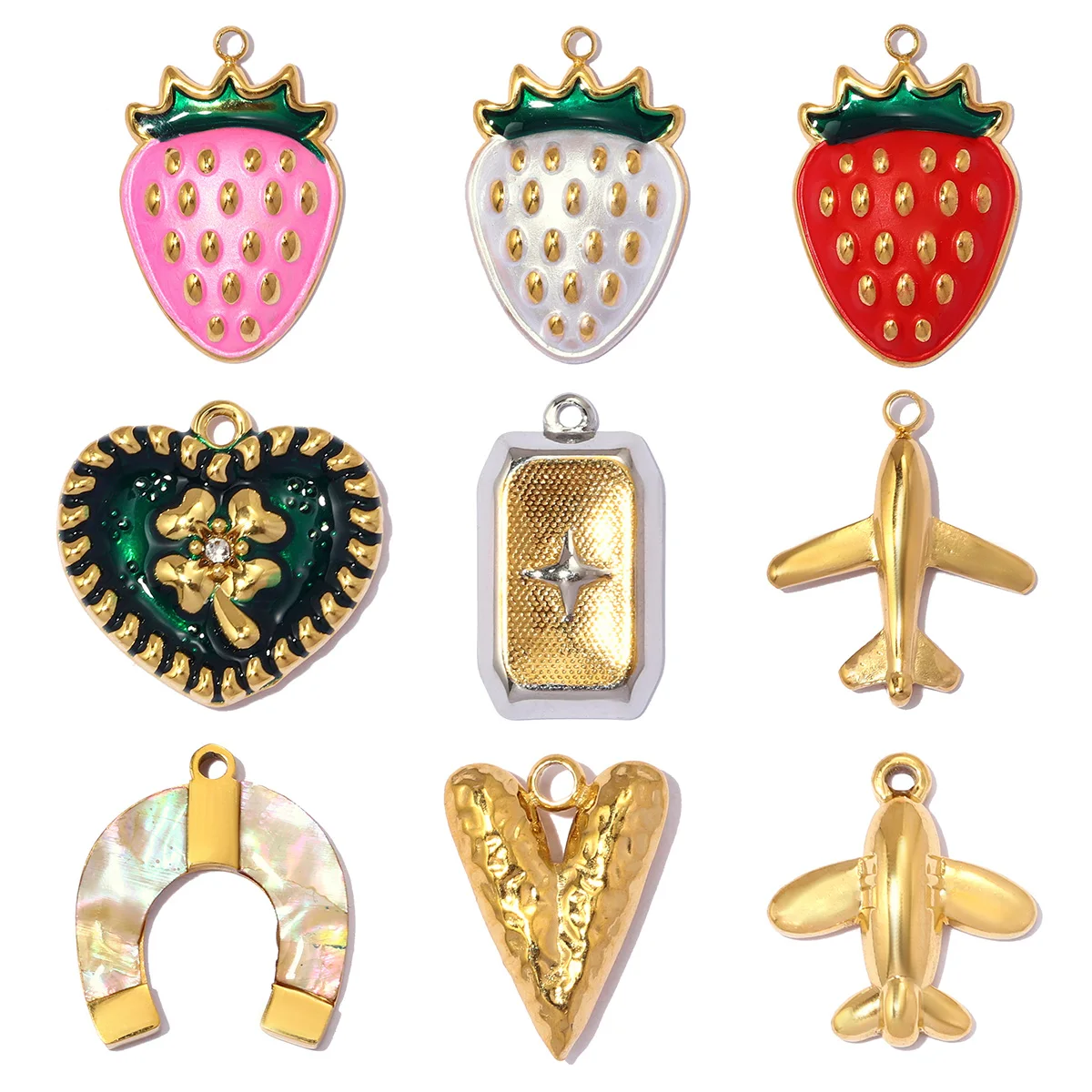 Set da 3 Pezzi Ciondoli Fai da Te in Acciaio Inossidabile Smaltato a Forma di Fragola, Aeroplano, Trifoglio, Cuore, Ferro di Cavallo per Collane da Donna, Ingrosso