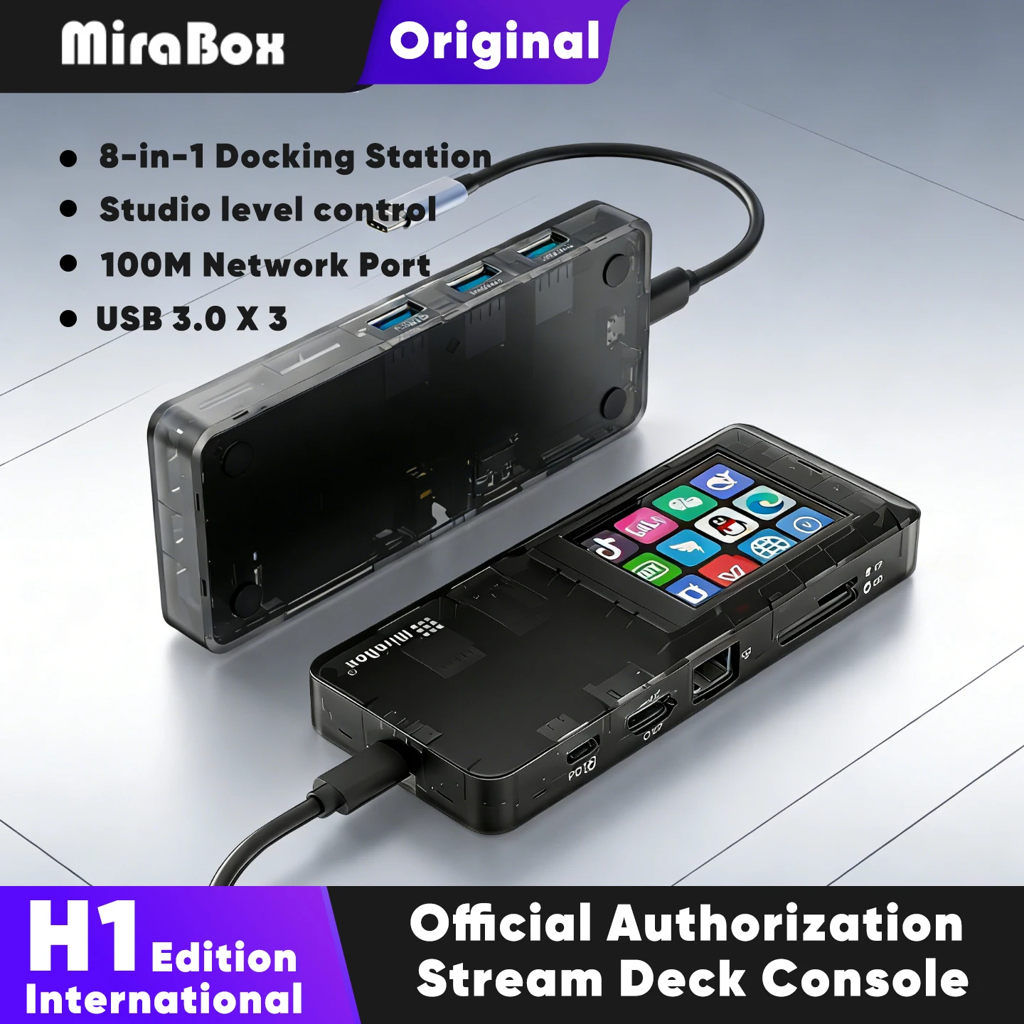 Mirabox H1 Stream Deck 8-in-1 con Porta di Rete Type-C, Docking Station Visiva, Streamdeck Macropad, Tastiera, Stream Desk Deck Dock