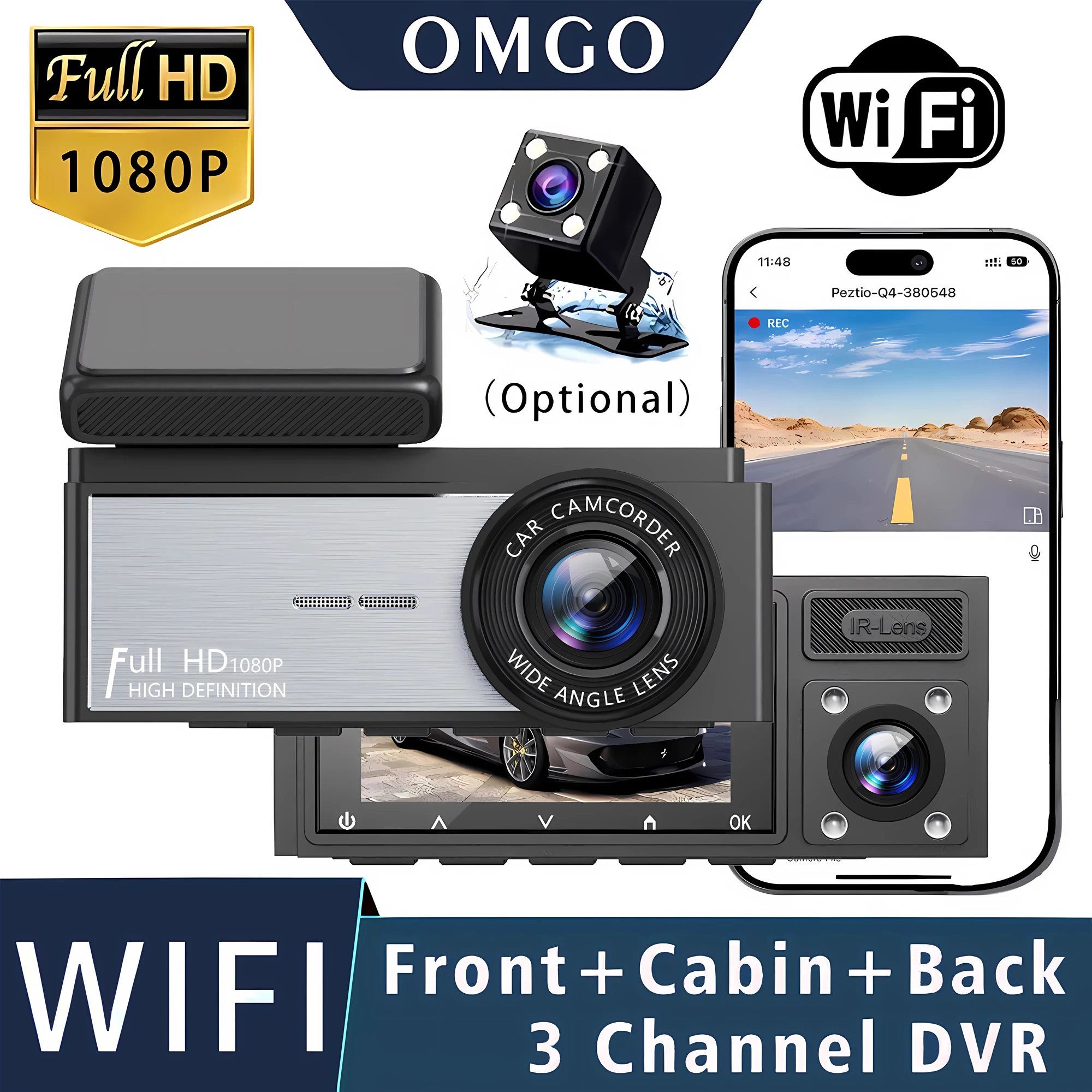 Caméra embarquée de voiture WIFI 3 canaux HD1080P, caméra de tableau de bord, caméra intérieure, enregistreur vidéo, enregistreur de conduite, caméra embarquée, caméscope