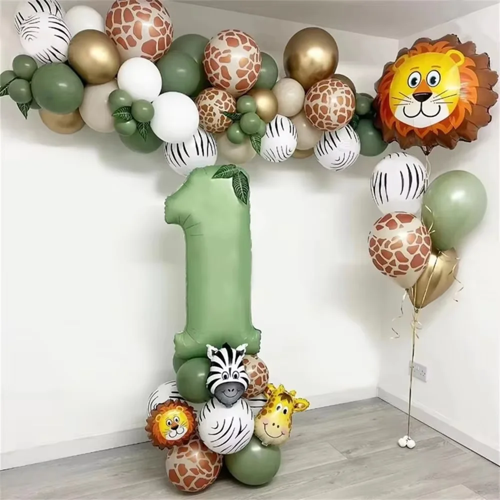 Palloncini per Compleanno a Tema Animali della Giungla, Palloncini Numerici Verde Salvia, Ghirlanda ad Arco per Baby Shower, Decorazioni per Festa di Compleanno Safari 'Wild One'
