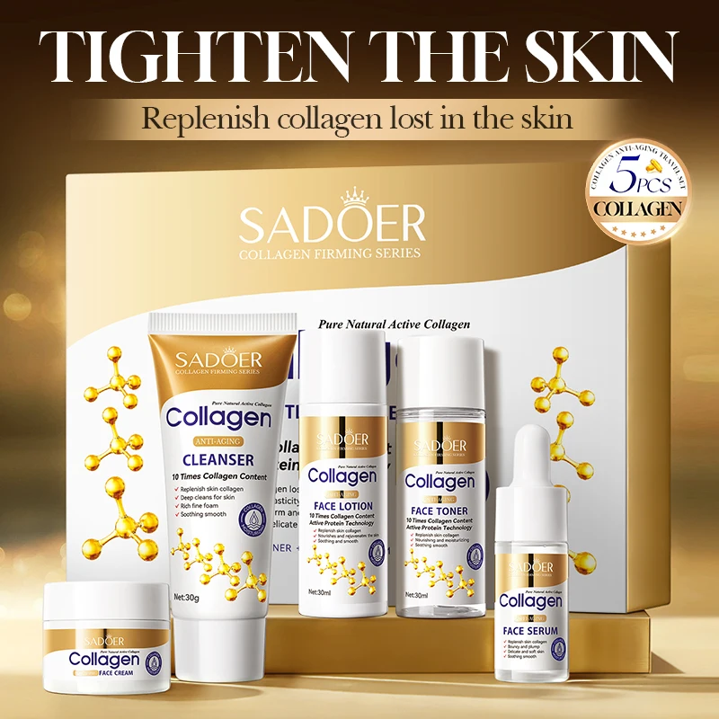 Set di 5 Prodotti SADOER per la Cura della Pelle al Collagene: Crema Viso Idratante, Crema Contorno Occhi, Siero, Essenza Sbiancante e Anti-Età