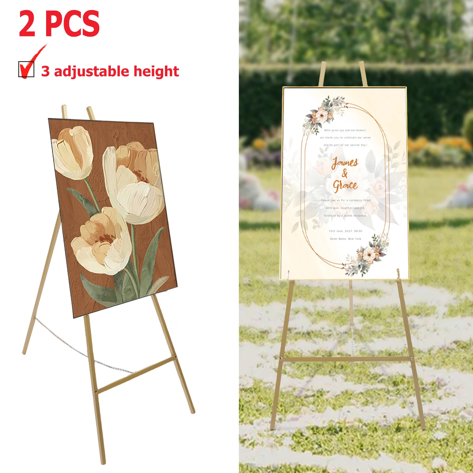 2er-Set goldene Hochzeits-Staffeleien, Metall, höhenverstellbar, dreibeinig, für Plakatständer, zusammenklappbar, für Künstlerdekorationen Image