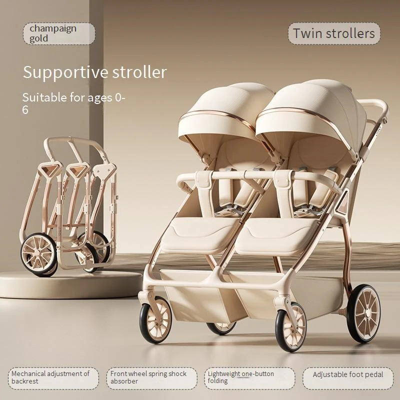 Neues Modell Klappbarer Doppelsitzer-Kinderwagen mit Hoher Liegeposition, Tragbarer Multifunktionaler Zwillingsfreundlicher Kinderwagen Image