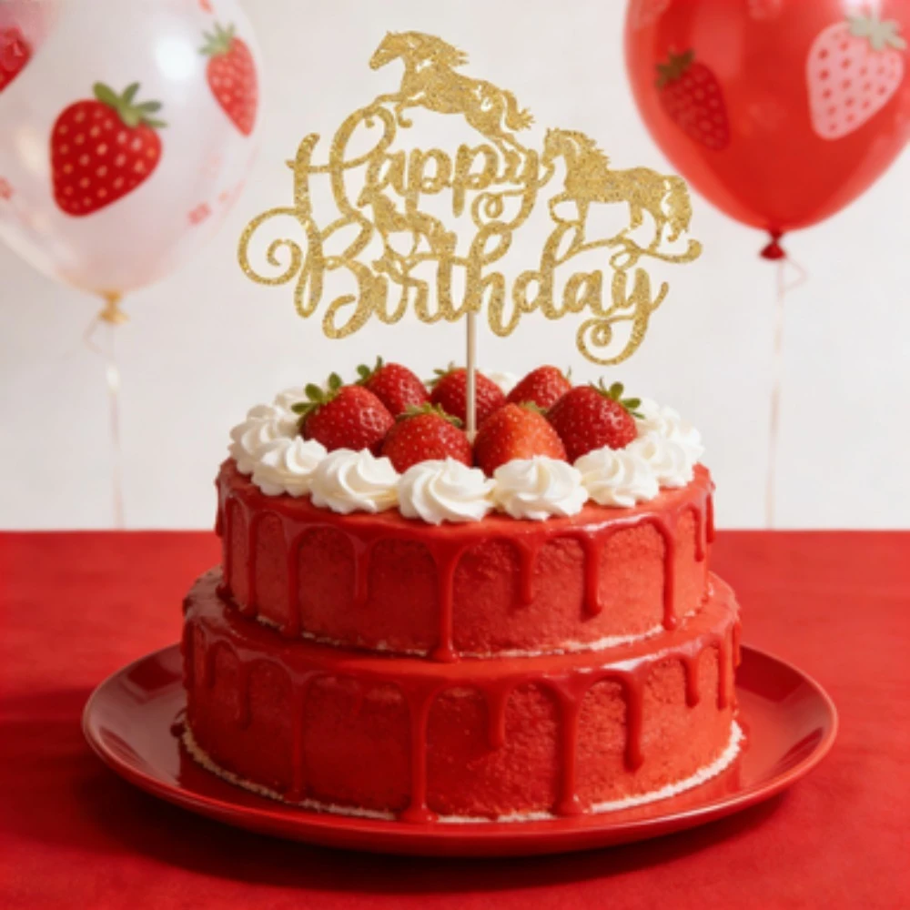 1 Stück Premium Reiter-Tortendekoration Glitzer-Pferd Happy Birthday Tortenaufsatz für Tier-Themen-Geburtstagsfeiern Image