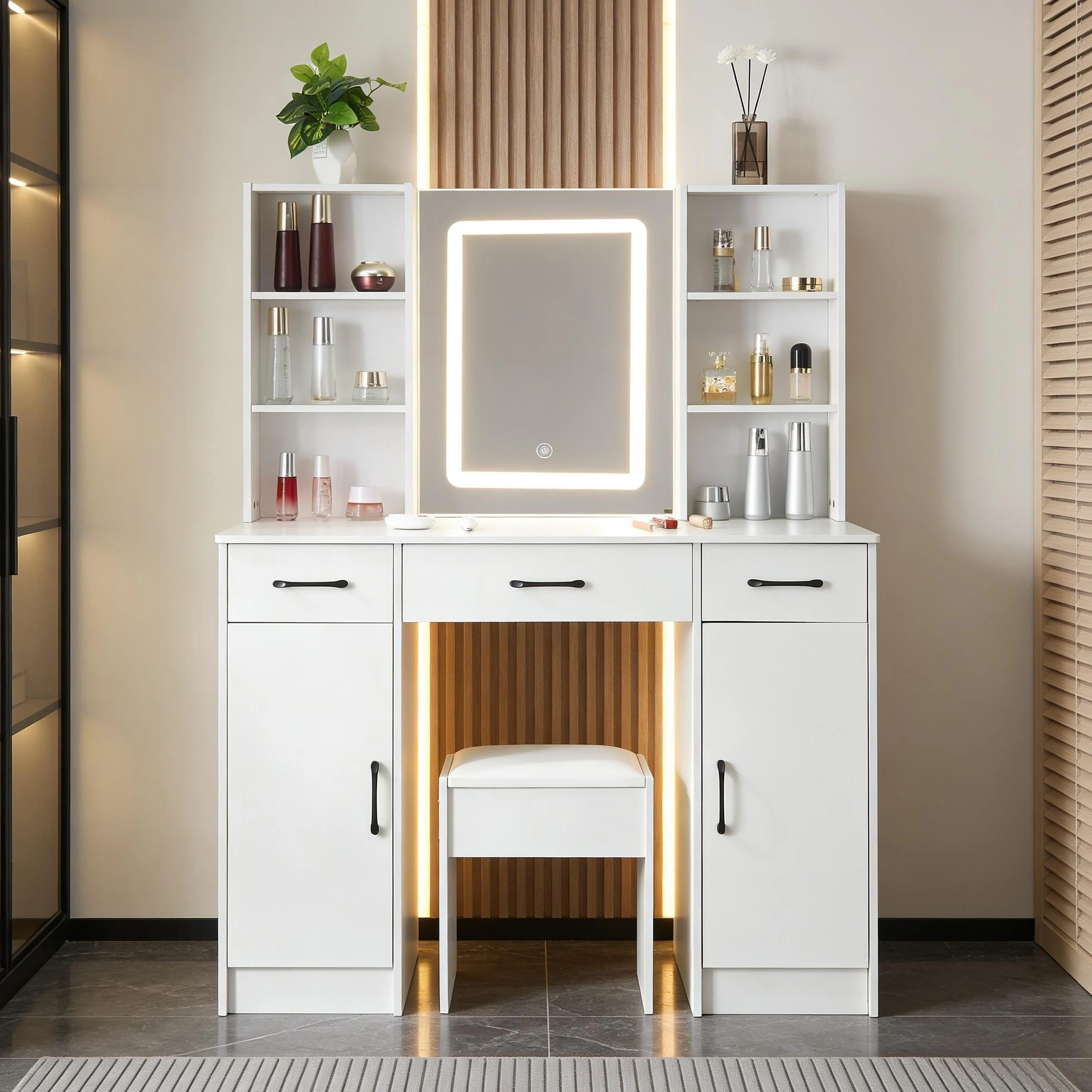 Teousev Weißer Nordischer LED-Schminktisch mit Beleuchtetem Spiegel, 3 Schubladen & Hocker, 3 Farben Dimmbar, Einfache Montage, Make-up Frisiertisch Image