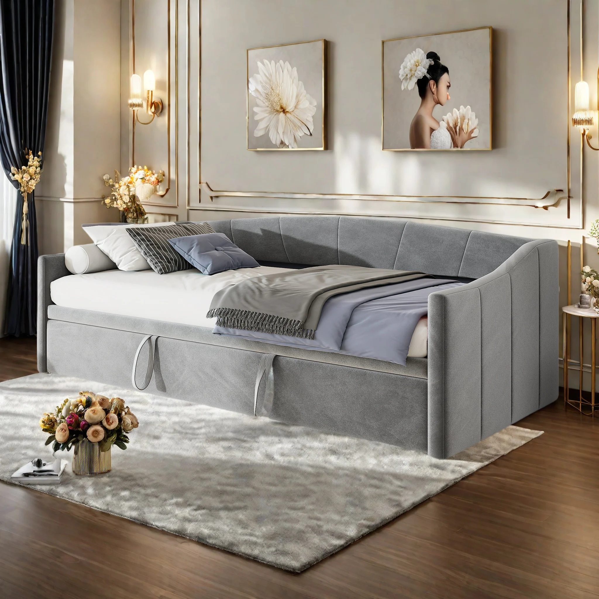 Rosahqnda Polsterbett, ausziehbares Schlafsofa, 90/180 x 200 cm mit Lattenrost, multifunktionales Bett aus Samtstoff Image