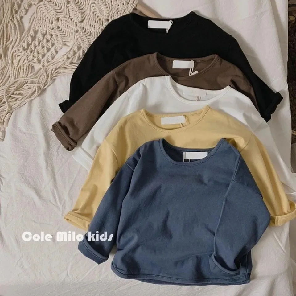 Herbst Winter Junge Mädchen Kinder solide lange Ärmel Bottom ing Shirt Kind lose T-Shirt Retro Baby Baumwolle Tops Kleinkind lässig T-Shirts Image