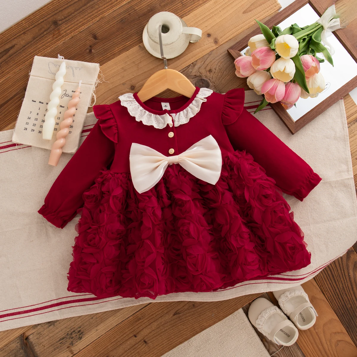Frühling und Herbst neue süße Schleife Baby Mädchen Prinzessin Kleid, Rose Kinderkleidung für Geburtstagsfeiern (9 Monate -3 Jahre alt) Image