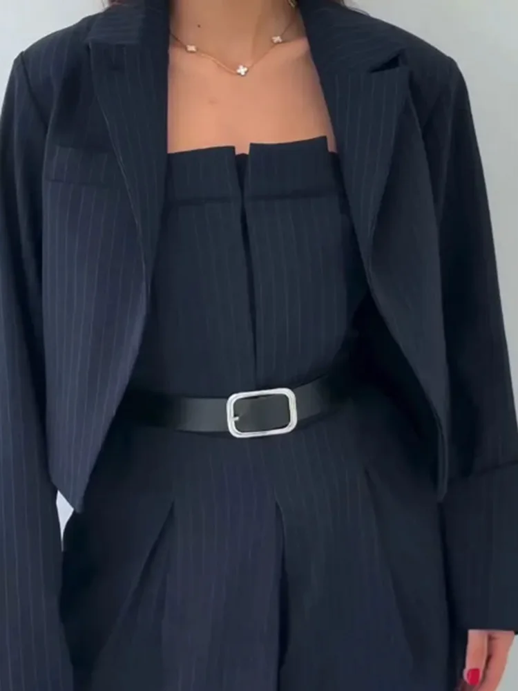 Liebsten Overall + Revers Mantel Passenden Sets Frauen Herbst Streifen Druck Casual Langarm 2 stücke Outfits Elegante Damen Anzüge Image