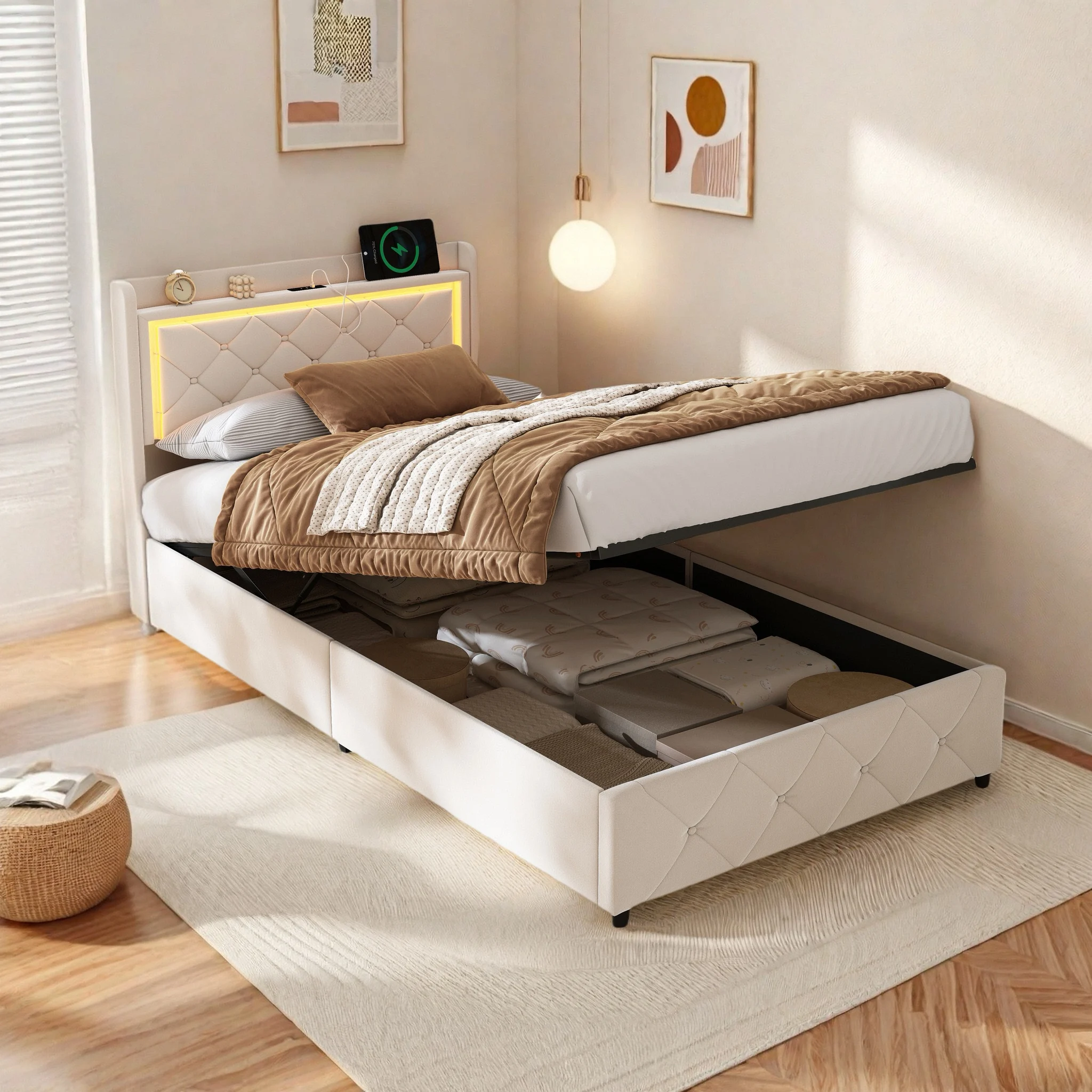 Rosahqnda Einzelbett 90 x 200 cm, Kinderbett, mit LED und Ladeanschluss, Stauraumbett, Jugendbett, beiger Samtstoff Image